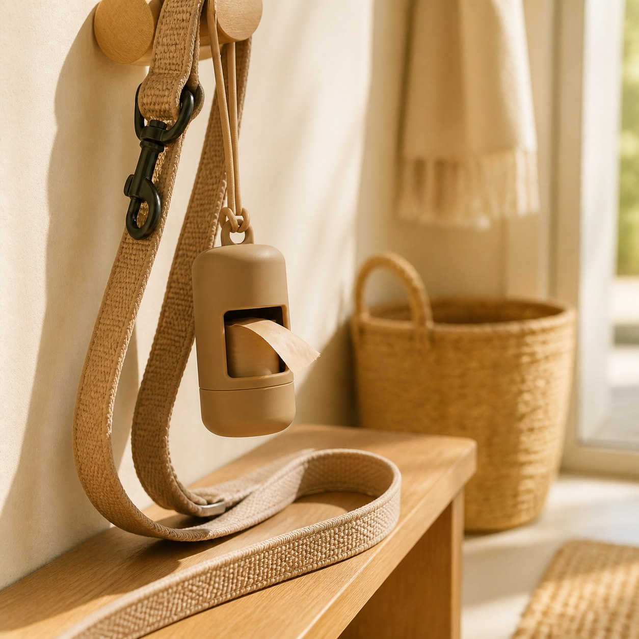 Easy-clip dog poop bag holder on leash in warm home entryway