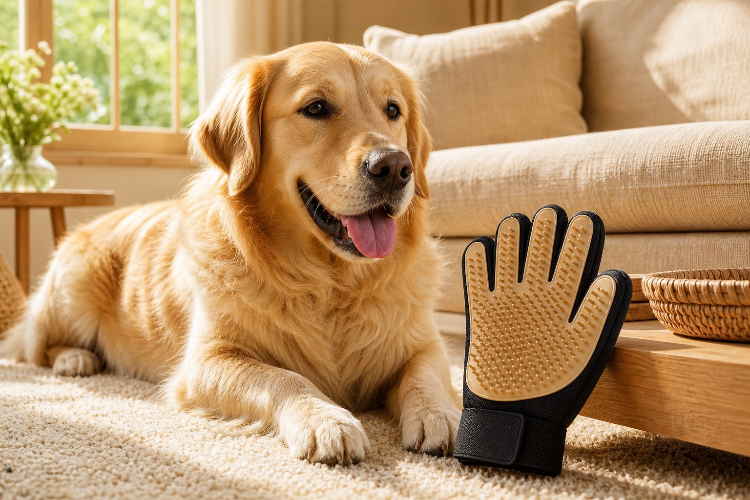 Pet grooming deshedding glove in warm beige home with dog
